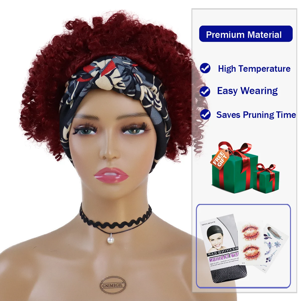 Synthetic Short Wig Fluffy Afro Puff Curly Headband Women Burgundy Floral Print Turban Style for Daily Casual Cosplay Party Wear