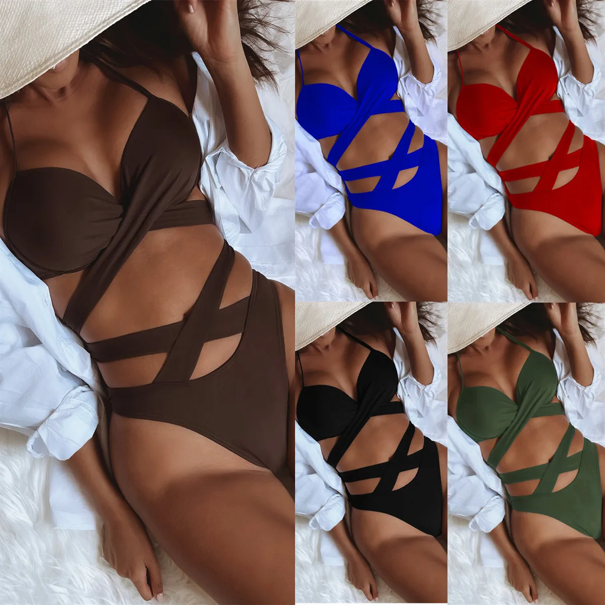 

2025 European and American foreign single bikini solid color sexy women's split swimsuit high waist strap swimsuit