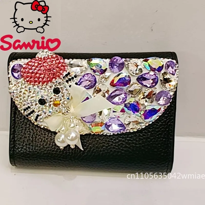 Hello Kitty New Women's Mini Wallet with Diamonds High-quality Short Coin Purse Black Versatile Banquet Lipstick Storage Bag