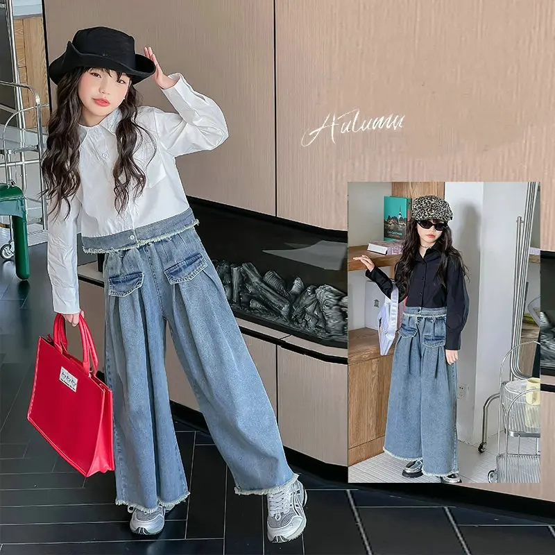 

autumn Design 4-12 kids girls clothes set Splicing shirt+High waisted denim wide leg pants 2pcs baby jeans suit children outfits