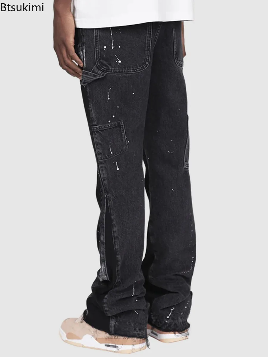 2025 Men's Fashion Jeans Patchwork Loose Casual Trousers Men Vintage Cargo Pants Workwear Elastic Denim Layered Flare Pants Male