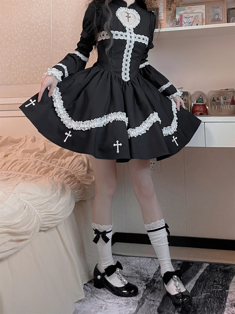 2023 Japanese Style Gothic Cosplay Dress Female All-Match Robe Long Sleeve Ruffle Lace Black Midi Dresses Y2k Lolita Vestidos