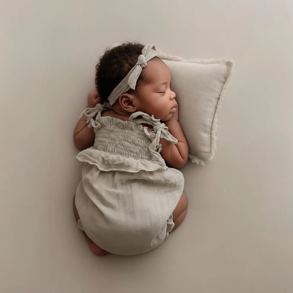 Newborn Photography Props Baby Girl Yellow Linen Cotton Off Shoulder Ruffle Tie Strap Romper Soft Infant Photo Shoot Outfit