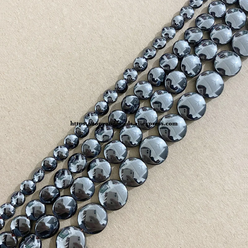 Natural 3D Flat Round Black Hematite Stone Loose Beads 4 6 8 10 12MM 15\