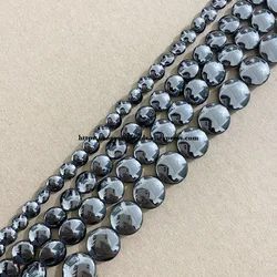 Natural 3D Flat Round Black Hematite Stone Loose Beads 4 6 8 10 12MM 15