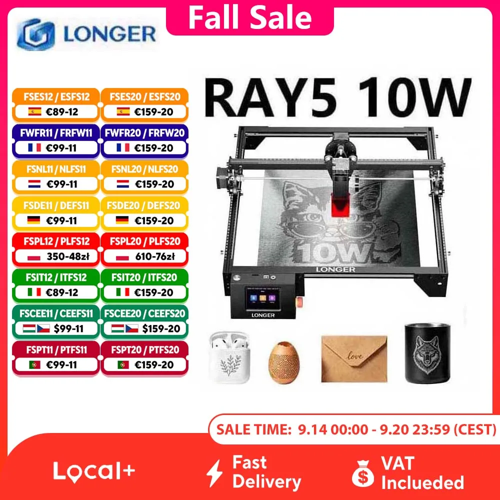Grawerka laserowa LONGER RAY5 10W, punkt laserowy 0,06 x 0,06 mm, obszar roboczy 400 x 400 mm, chip 32-bitowy, ekran dotykowy, grawerowanie offline, przecinarka laserowa do drewna, akrylu, skóry i