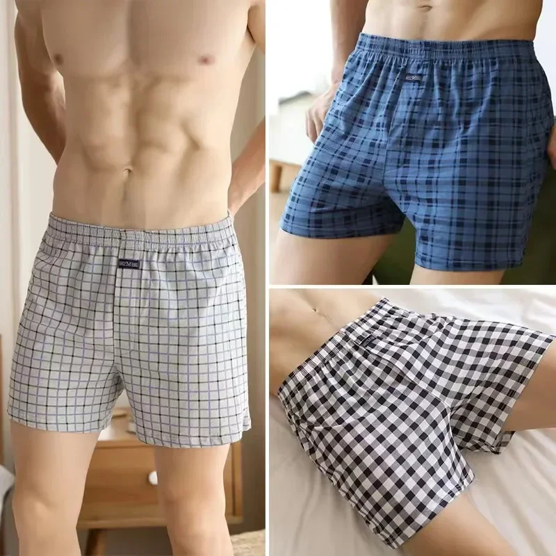 Plus Size 100% Cotton Plaid Boxer Shorts Men Widen Waist Elastic Underwear Loose High Waist Summer Thin Breathable Home Shorts image 4