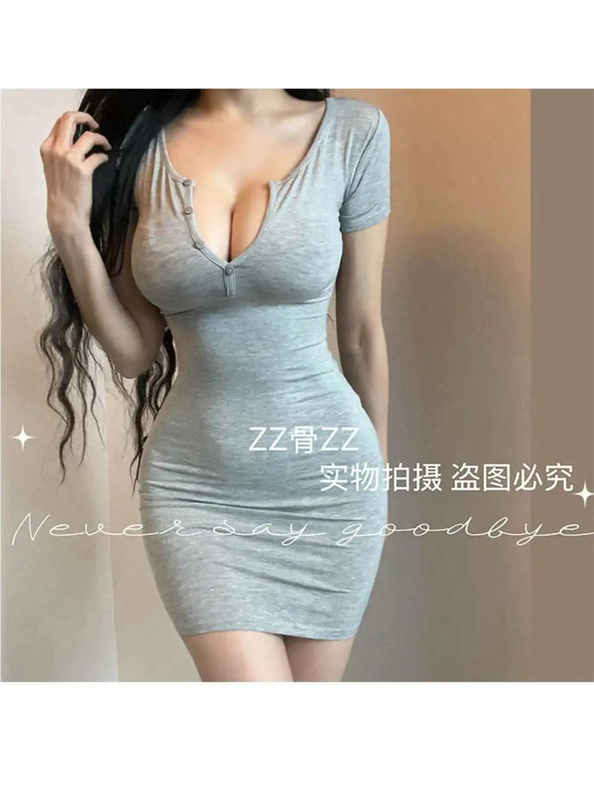 Primavera nuovo stile sexy puro desiderio bottoni con scollo a V spettacolo fuori borsa sul petto abito alla moda elegante maglietta da donna mini abito top