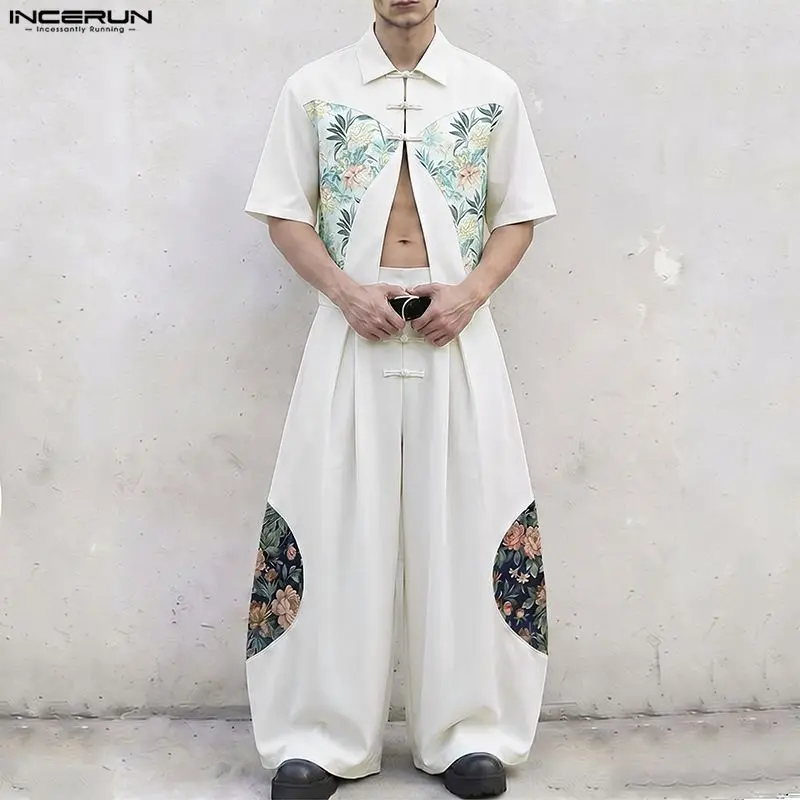INCERUN Men's Sets Printing Patchwork Lapel Short Sleeve Shirt Wide Leg Pants Two Piece Sets Streetwear 2026 Men Matching Sets