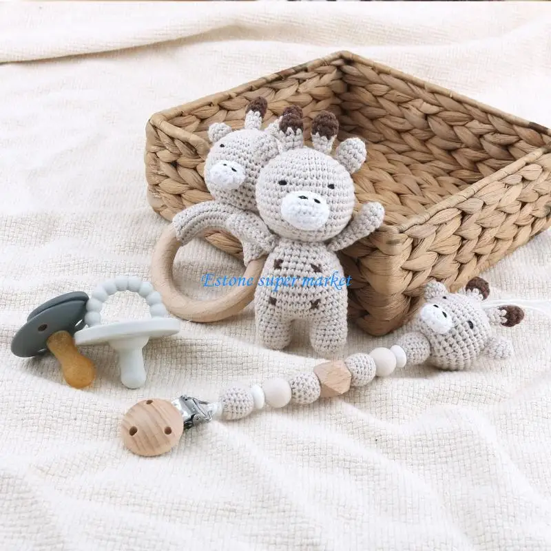 090B Baby Pacifier Clip Crochet Deer Doll Chewable Teething Bracelet Soother Chain Boy Girl Unisex Teether Infant Gift