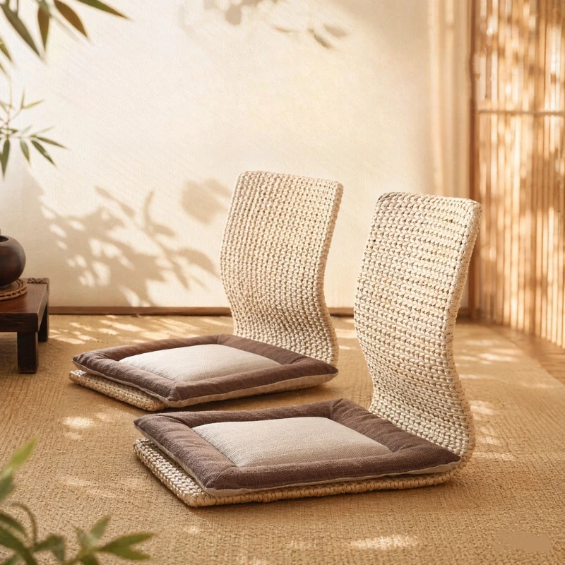 Straw‑Woven Rattan Chair, Tatami Bay Window Single Backrest Armless Lazy Chair for Japanese‑Style Small Home Indoor Use
