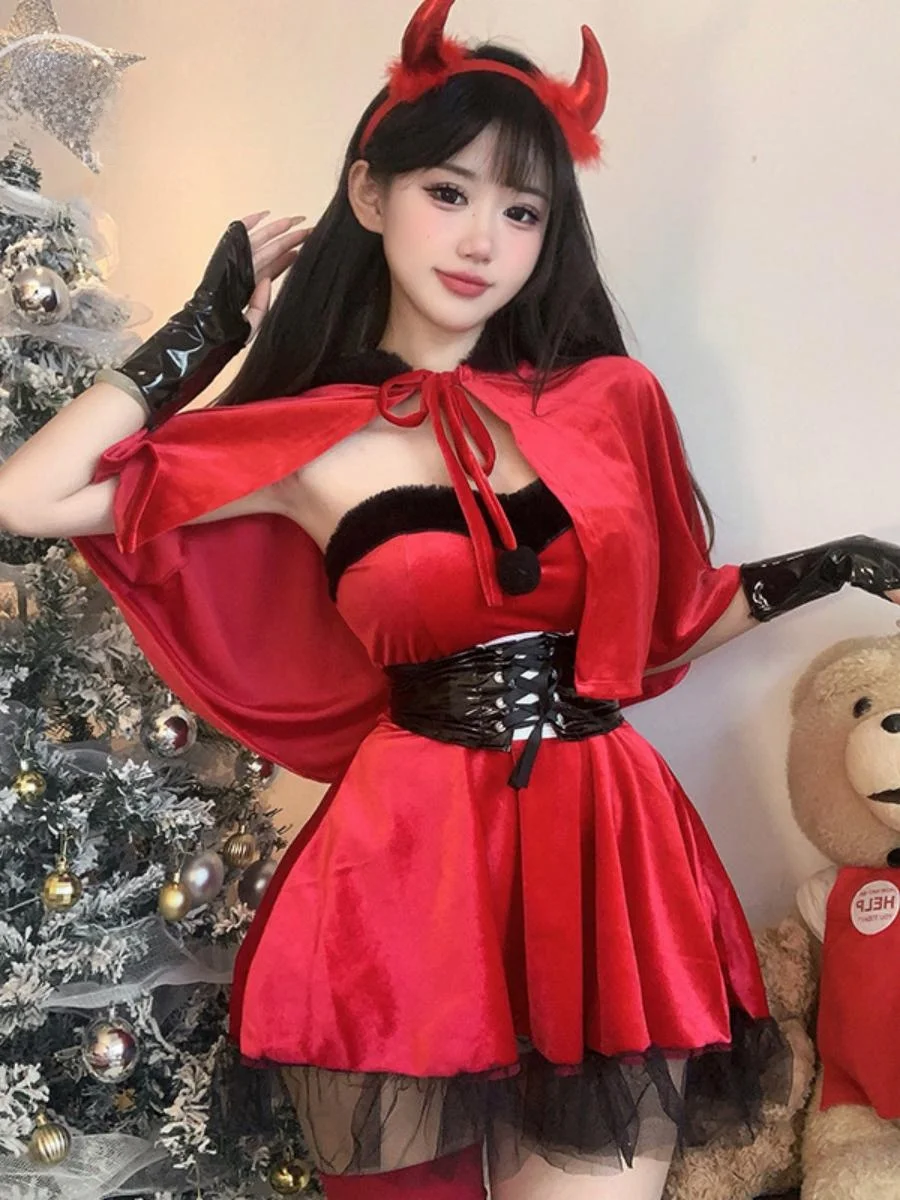 

Костюм дьявола, бархатный костюм Dr Cisas, тематическое сценическое представление, женская мода, Хэллоуин, клубная одежда, маленький наряд дьявола