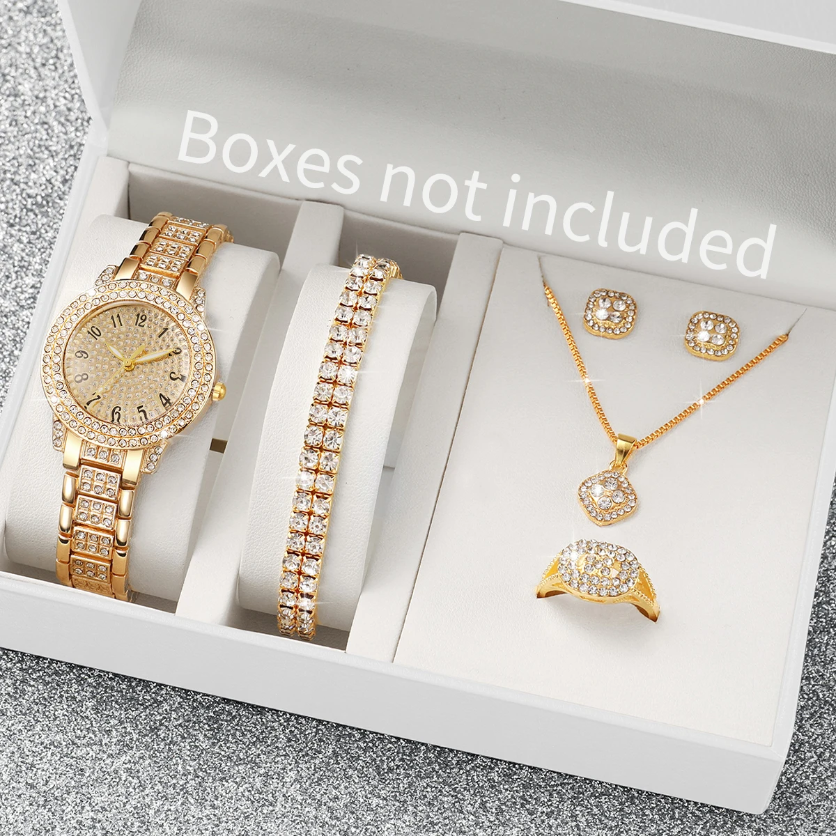 

6PCS Fashion Full Diamond Women's Watch Gold Steel Band Analog Quartz Watches Jewelry Set（Without Box）