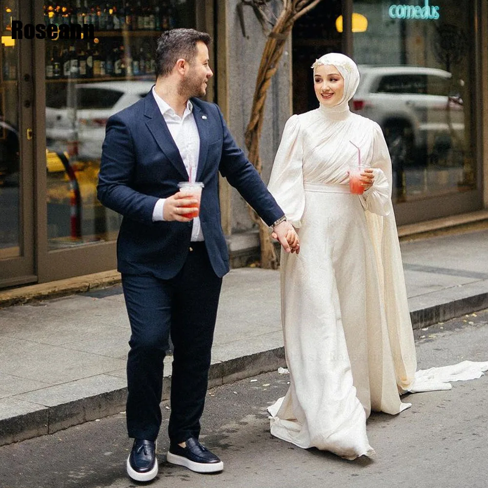 

Muslim 2024 New Ivory A-line Wedding Dresses Draped Pleat Ruffle High Collar Floor Length Bride Dress Brush Train robe de mariée