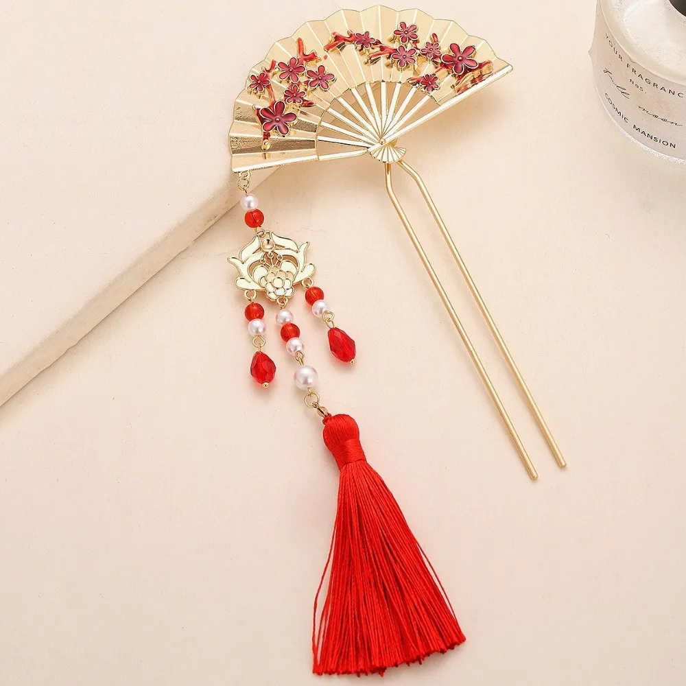 Jewelry Alloy Pearl Fringe Hairpin Pearl Tassel Fan Shape Bride Tiara Neo-chinese Style Retro Step Shaking Hair Stick Girl