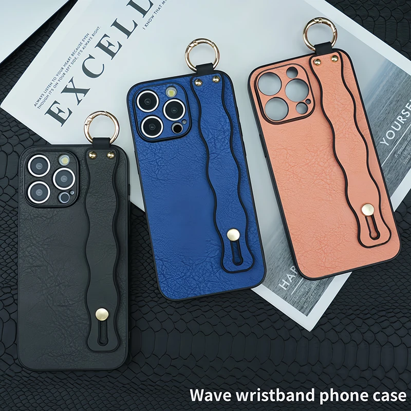 

Soft TPU Shockproof Leather Wristband Holder Phone Case for iPhone 16 Pro Max Plus Camera Lens Protection Solid Color Back Cover