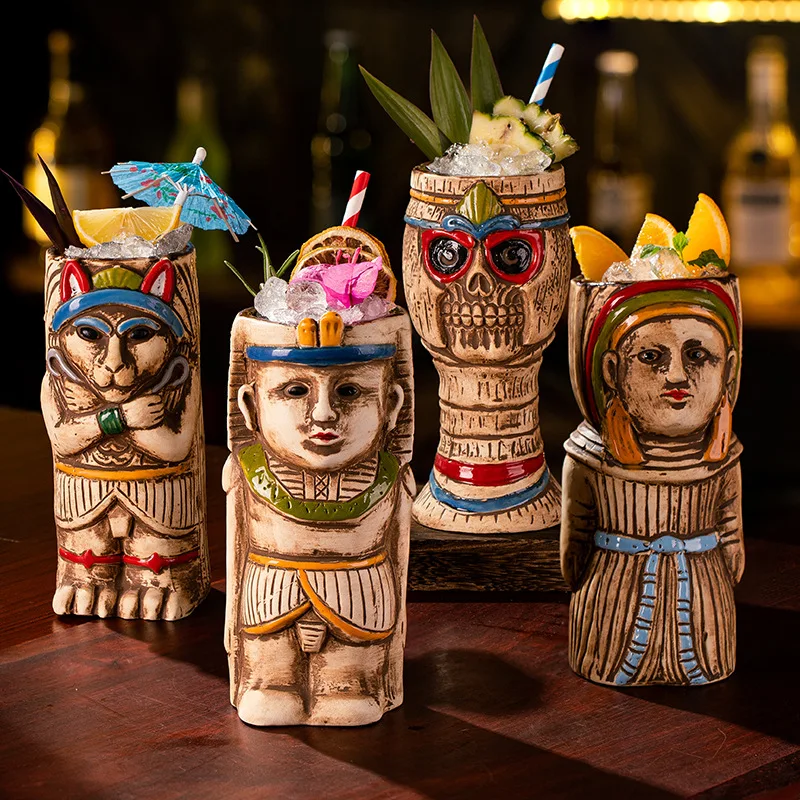 Hawaiian Style Brown Tiki Mug Creative Cocktail Mug Cup Zombie Ceramic Tiki Mug Drinkware Cup Mug For Tiki Bar Party Halloween