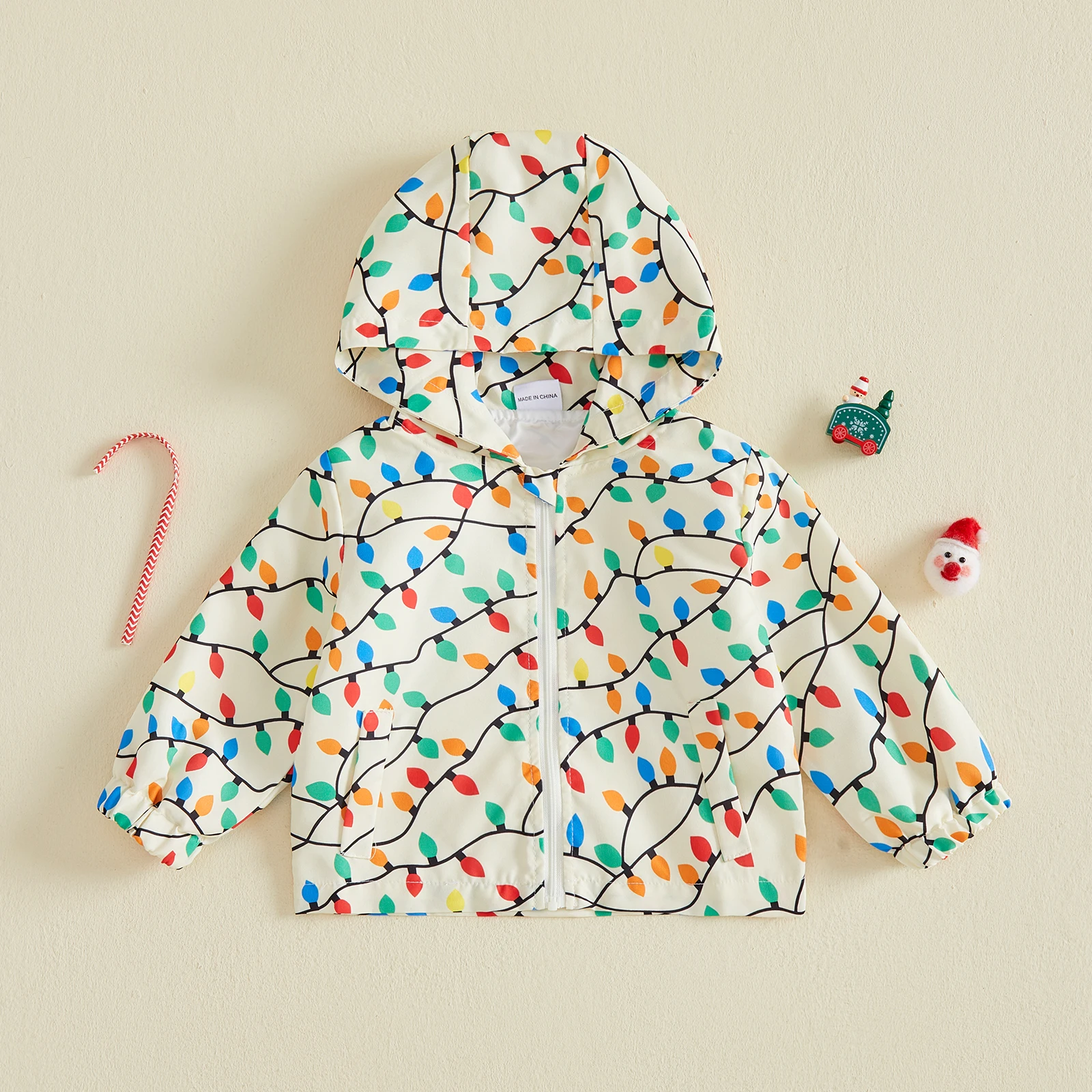 Toddler Kids Christmas String Lights Print Hooded Jacket Baby Boys Girls Zipper Long‑Sleeve Outerwear Holiday Coat