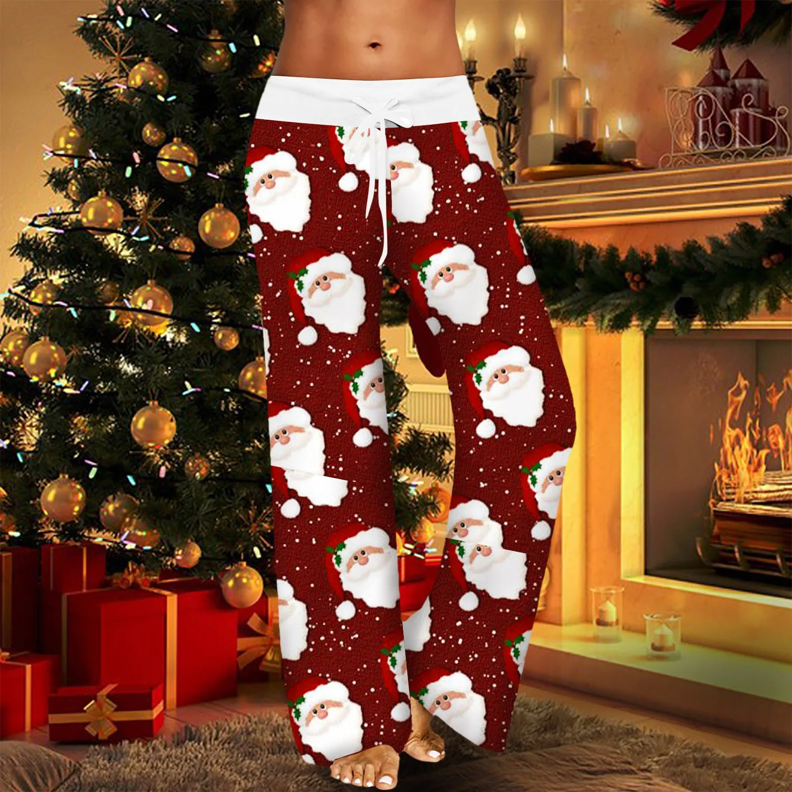 Women\'s Leisure Pants Christmas Santa Printed Home Wide Leg Pants Pajama Pants Pull Rope High Elastic Waist Pants Sleepwear