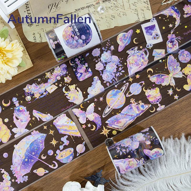 2m/Roll Matte Laser Golden Stars PET Washi Tape Flowers Transparent Stickers Decorative Tape For Scrapbooking Collage Material