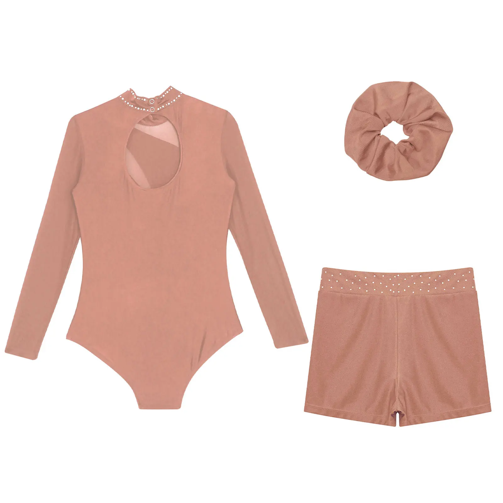 Conjunto de ginástica de três peças para meninas, manga longa, collant de dança de balé com shorts, faixa de cabelo, fantasia de performance de patinação artística