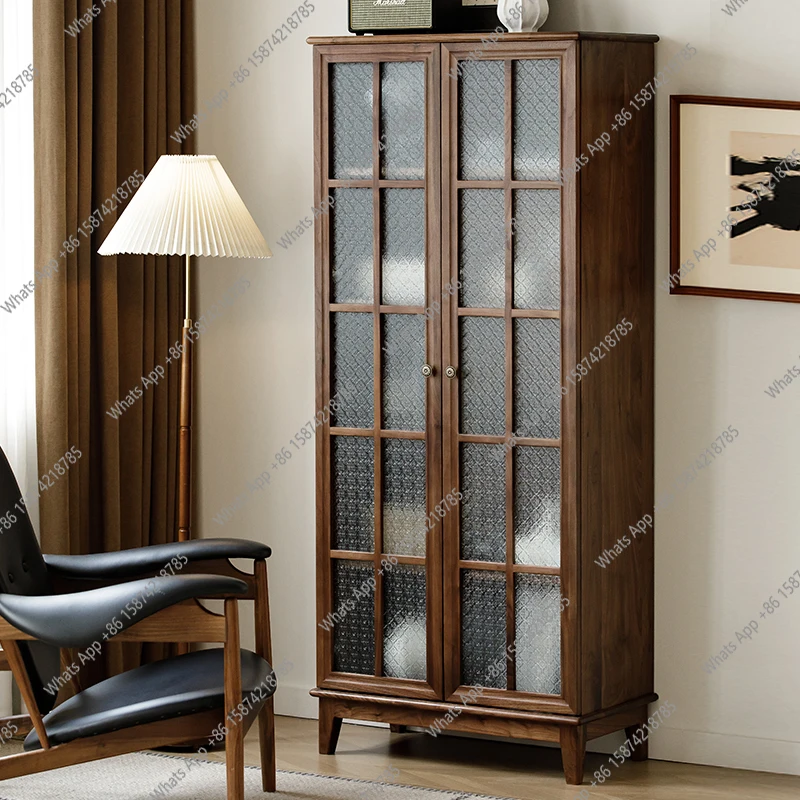 

North American black walnut wine cabinet All solid wood bookcase Living room antique home floor shelf display