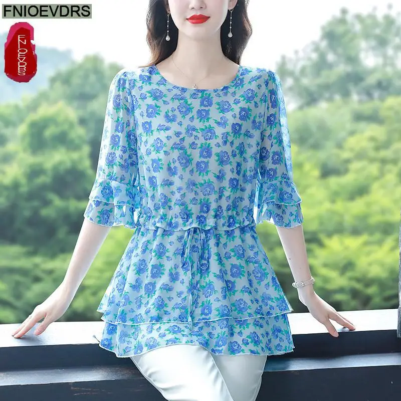 S-4XL Loose Clothes 2023 Women Summer Short Sleeve Elegant Ruffles Shirts Casual Chiffon Floral Tunic Peplum Tops And Blouses