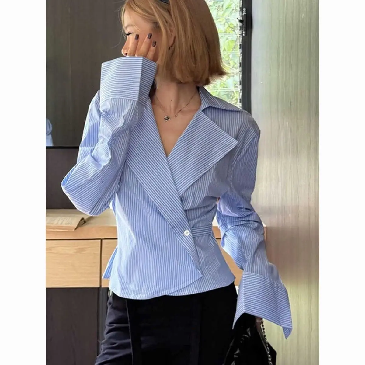 Side Button Tunic Shirts Blue Striped Retro Lapel Blouse Full Sleeve Slim Fit Elegant Shirt Asymmetry Design French Stylish Lady