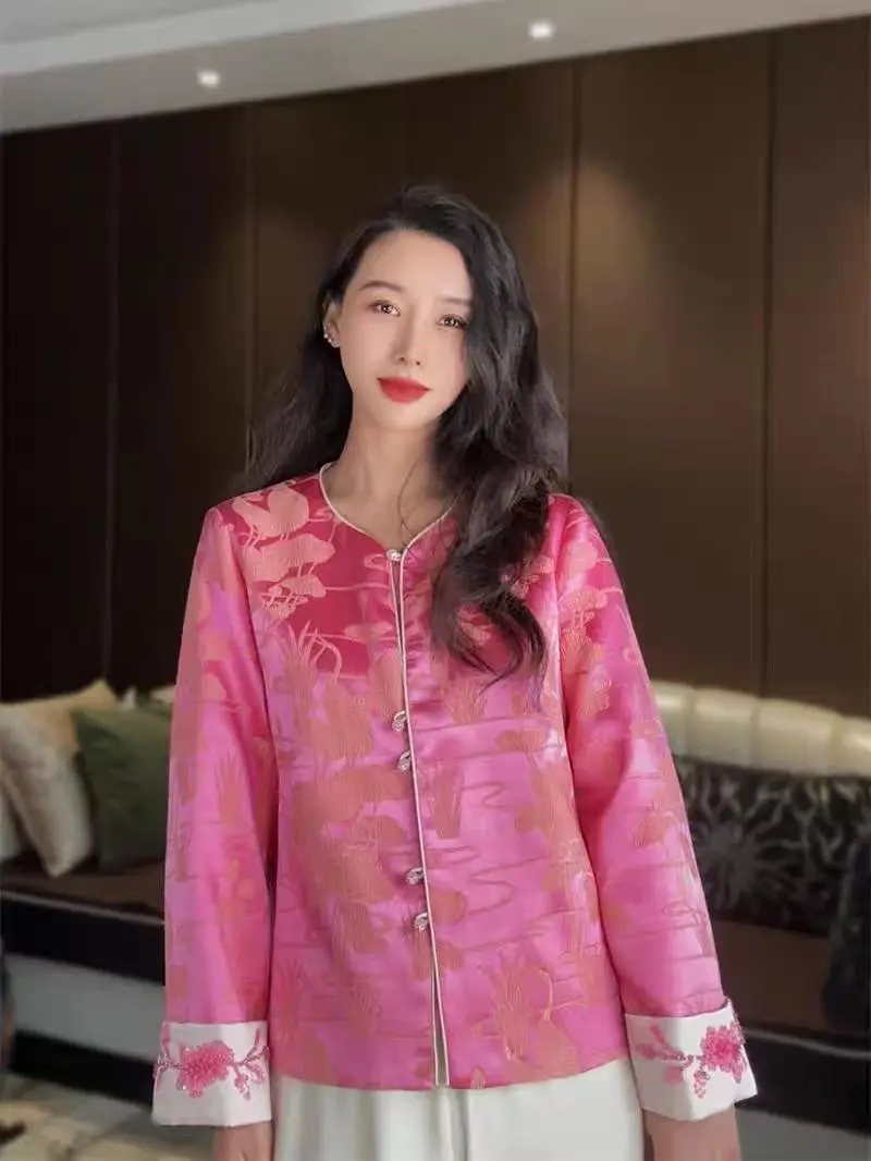High-End Spring New O-Neck Pink Silk Jacquard+Bead Embroidery Contrast Color Cuffs Single Breasted Young Women's Jacket S-XL