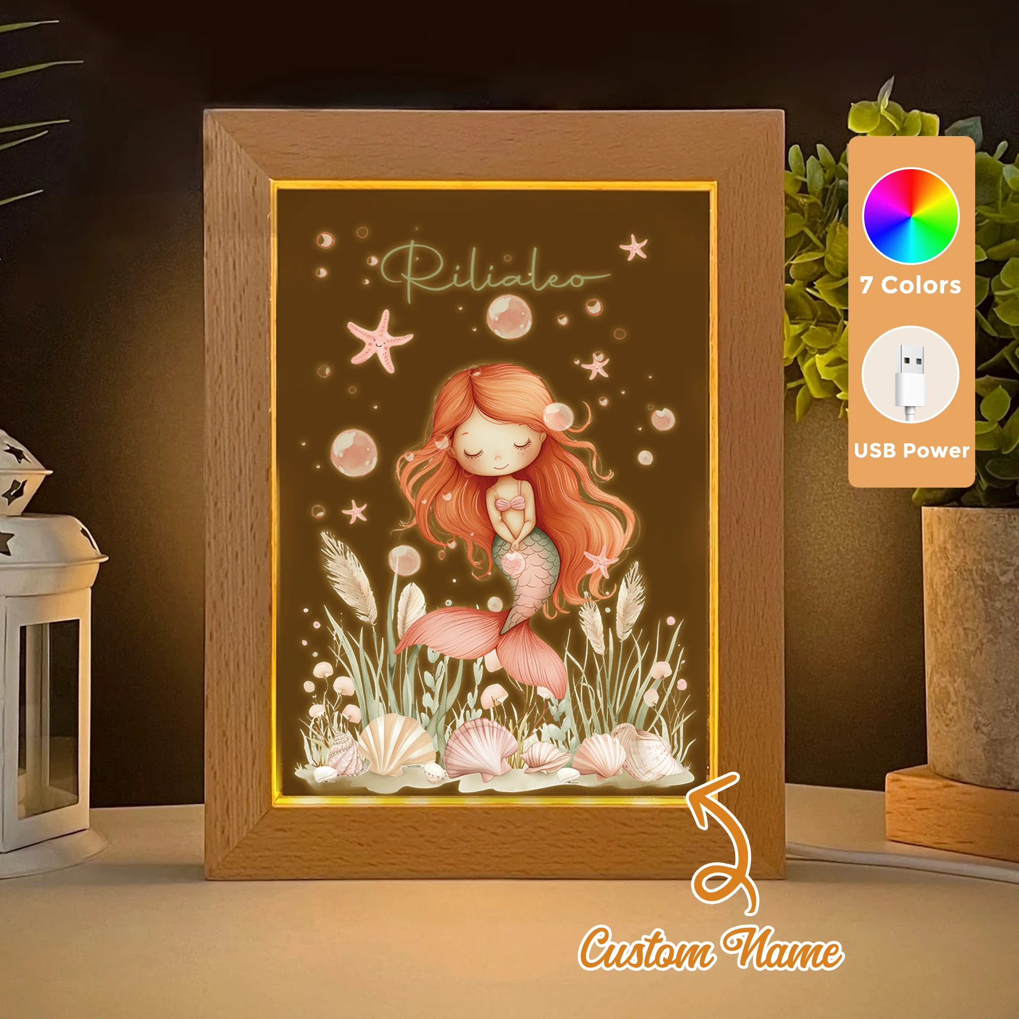 

2D Flat Custom Name Cartoon Red Mermaid LED Acrylic Night Light Wood Photo Frame 21x17cm Child Bedroom Gifts Home Decor