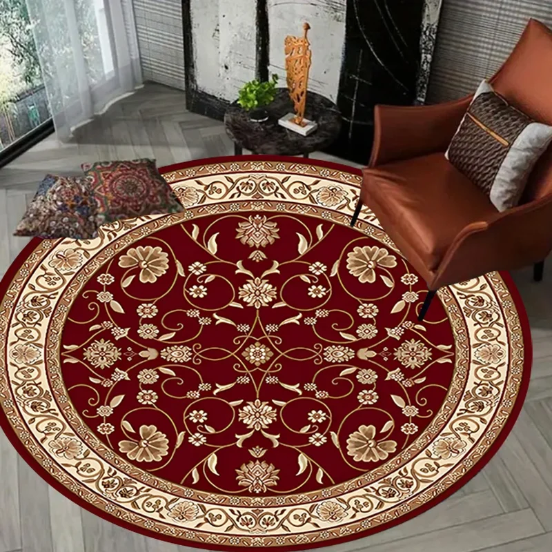Baroque Floral Round Area Rug, Ornate Curlicue Flower Circular Floor Mat, Indoor Home Decor Rug