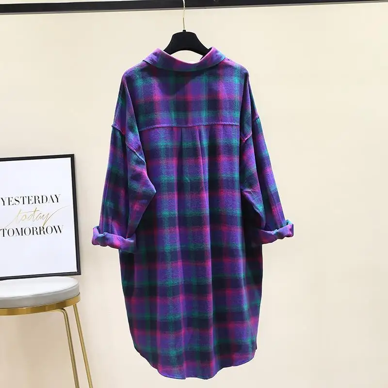 

Female 2025 Autumn Korean Loose Long Sleeve Casual Pockets Tops Fashion Women's Blouses Contrasting Colors Plaid Polo-Neck Shirt