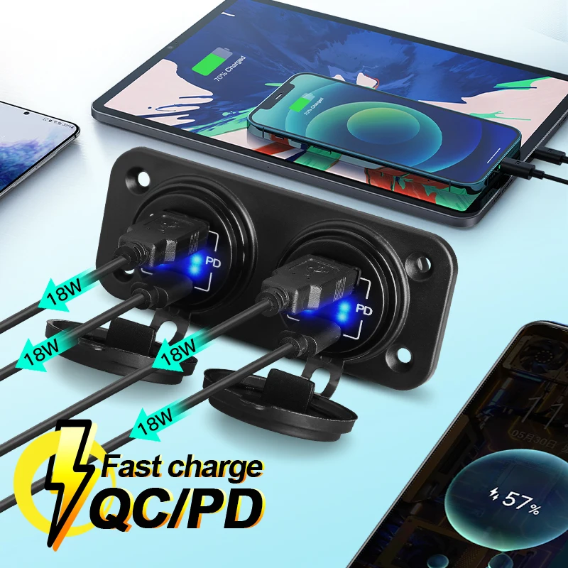 Car Charger QC3.0 & Type-C Outlet 12V/24V Dual USB C PD Quick Charge for Marine Boat Motorcycle Truck Camper Power Adapter Panel