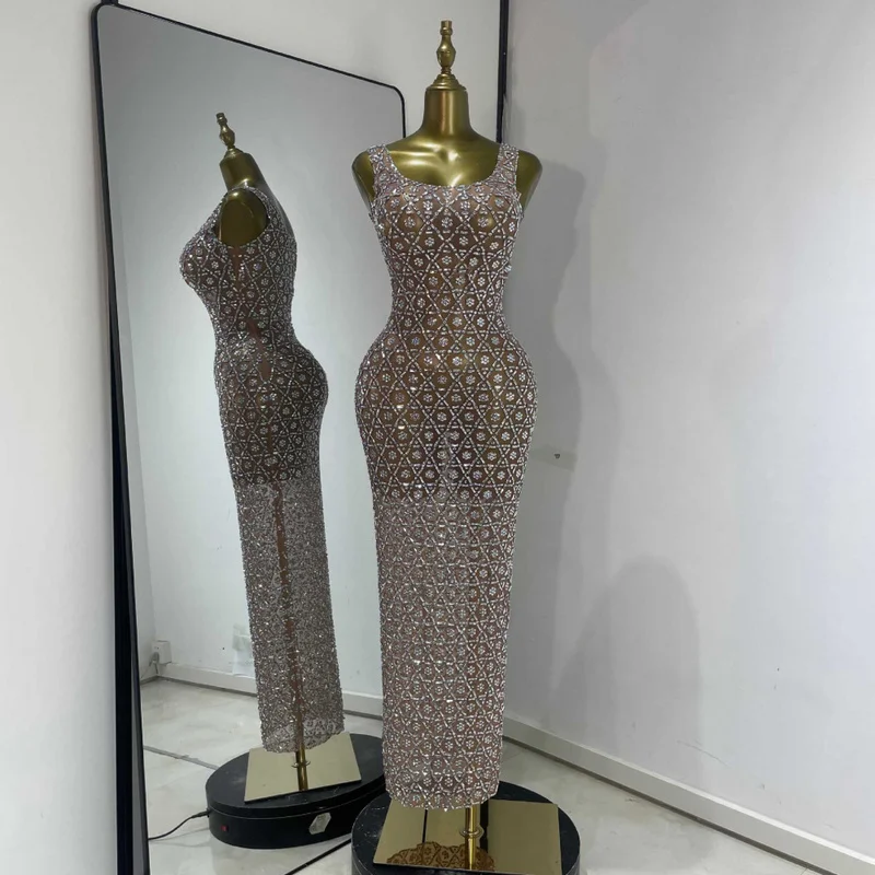 QICHE Women Shiny Rhinestone Bodycon Dress Sexy Nightclub Bar Outfit Singer Model Runway Party Performance Evening Gown