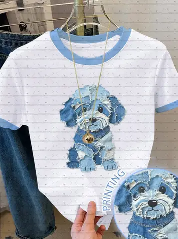 26 Womens Short Sleeve Print T-Shirt Cartoon print blue puppy Round Neck short sleeve Outdoor Sports plus-size women's clothing