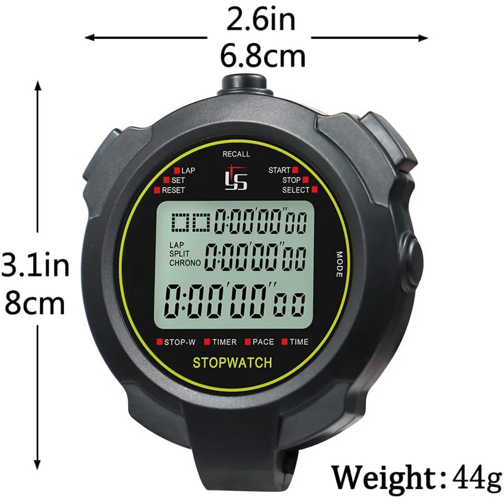 Digital Sports Stopwatch 10Lap /Split Memory Stopwatch Count Down Timer Large Display Waterproof 12/24 Hour Clock