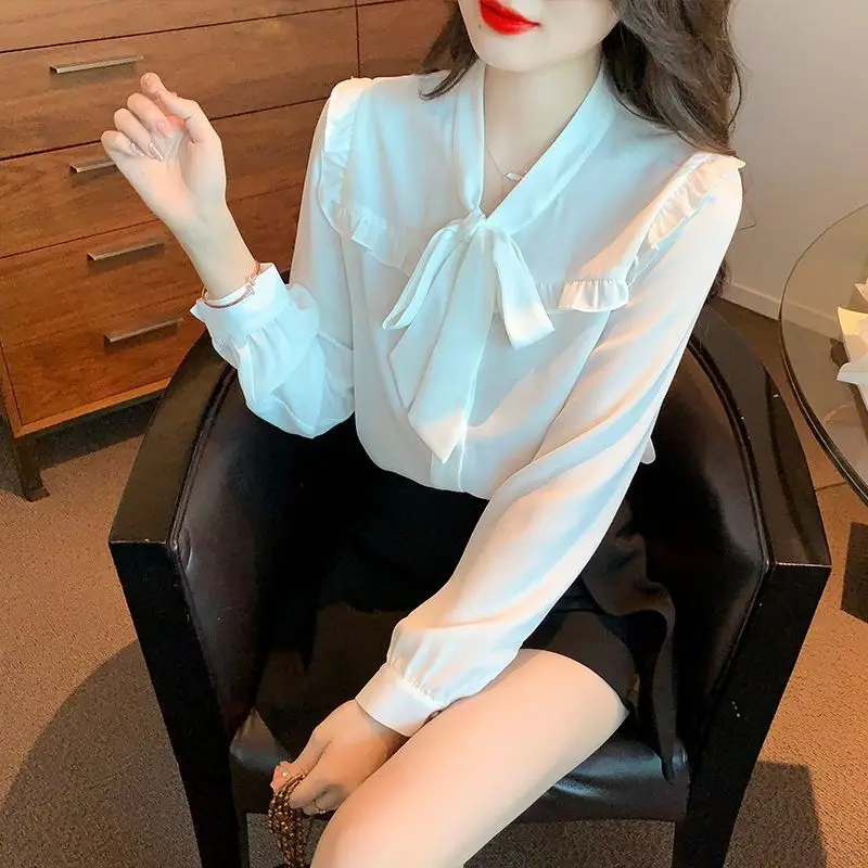 Women French Style Ruffled Lace Up Bow Chic Shirts Spring Autumn Trendy Long Sleeve Elegant Blouses White Sweet Fairy Tops Blusa