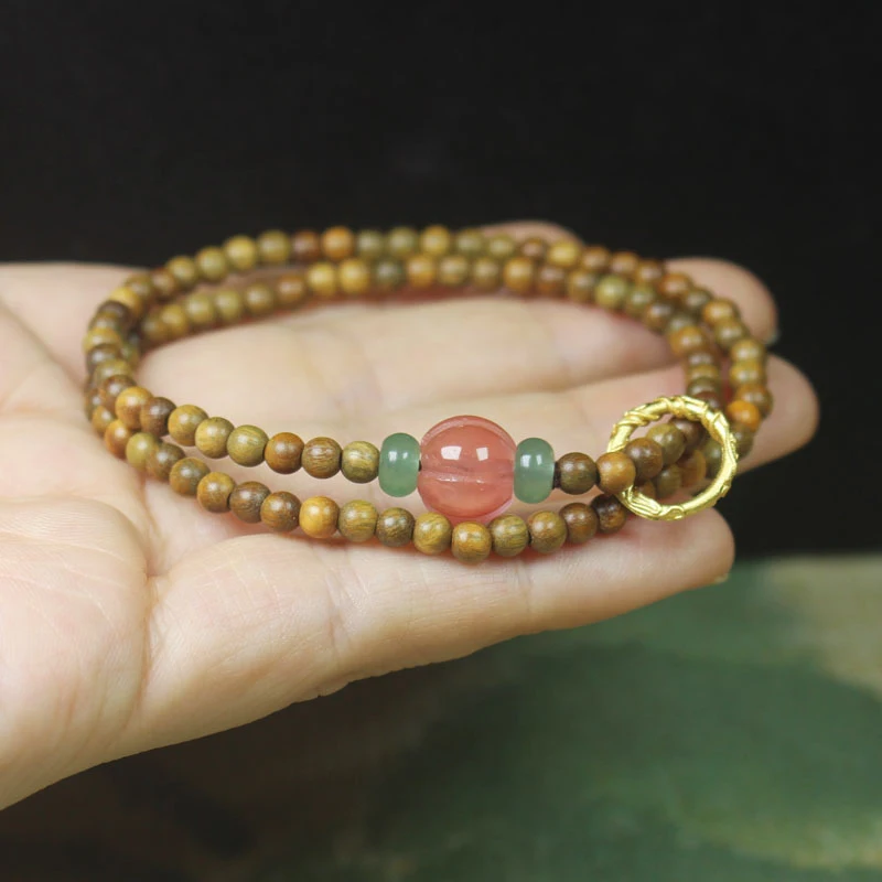 Green Sandalwood 4mm Double-Loop Buddhist Bracelet with Pink Quartz Pumpkin Design, Forest Style Unisex Meditation Bead Bra