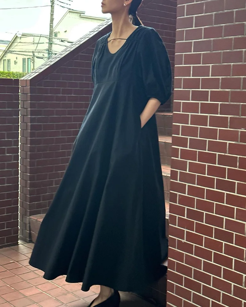 Summer High Waist Draped Dresses Women V Neck Puff Sleeve Dress Japanese Loose Casual Vestidos Vintage Fashion Robe Femme