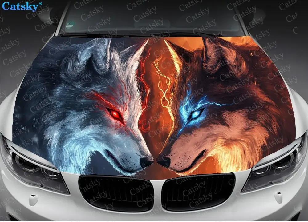 Ferocious Ice Fire Wolf Eye Print Car Hood Wrap Color Vinyl Sticker Truck Graphic Bonnet DIY Auto Accessories Decoration Decal