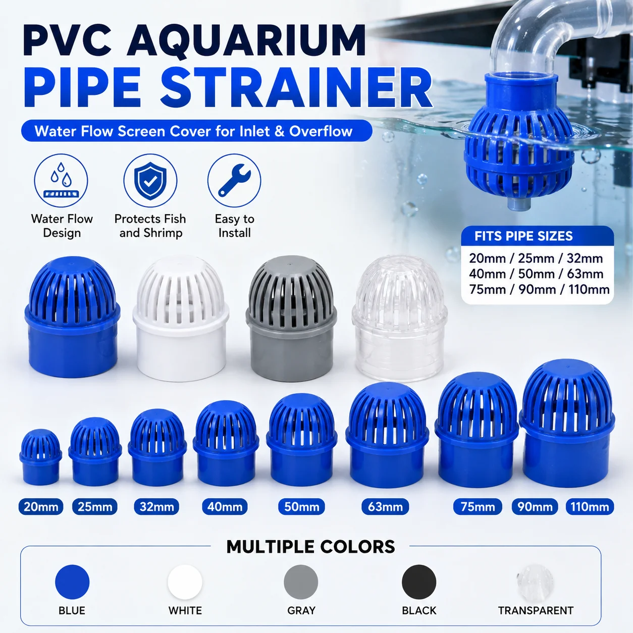 PVC Aquarium Strainer, Water Flow Screen Cover for Fish Tank Overflow and Pipe Inlet, 20 25 32 40 50 63 75 90 110mm