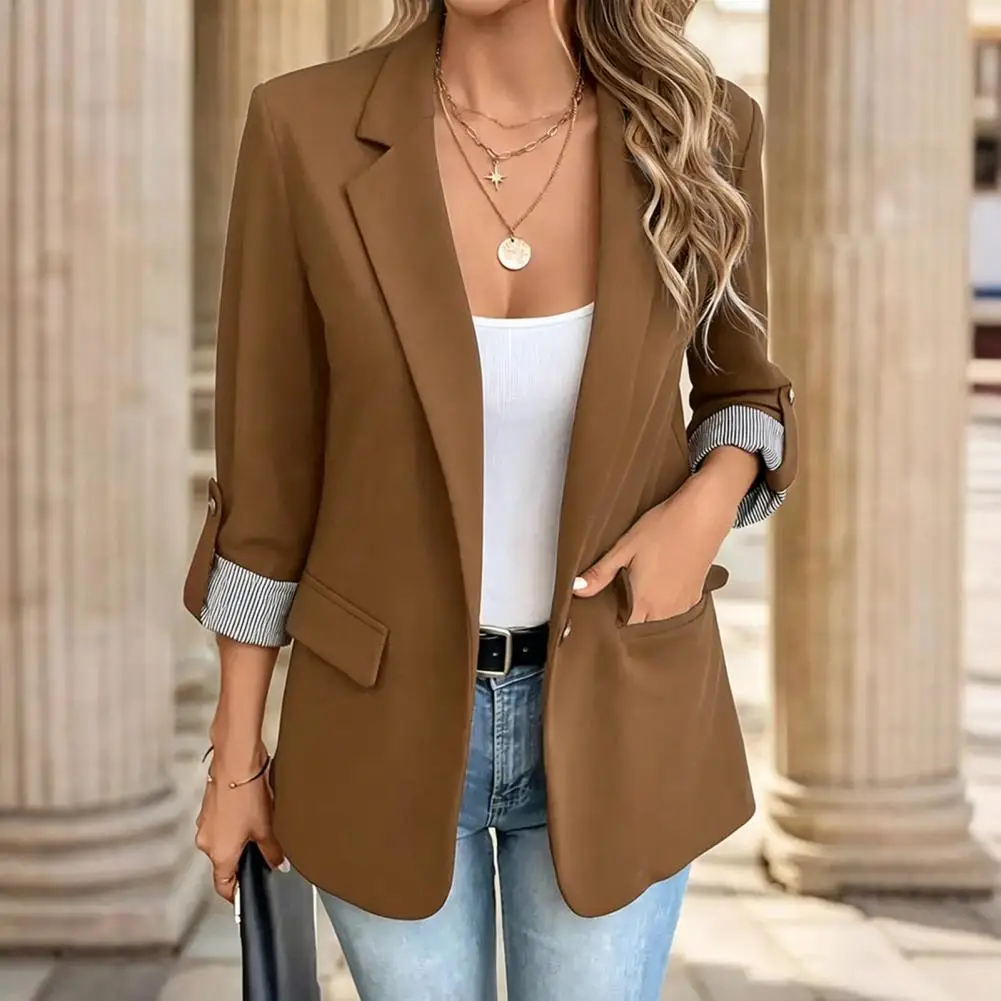 Women Business Attire Women Lapel Collar Blazer 3/4 Sleeve Business Suit Jacket Office Work Short Blazer with Button Detail
