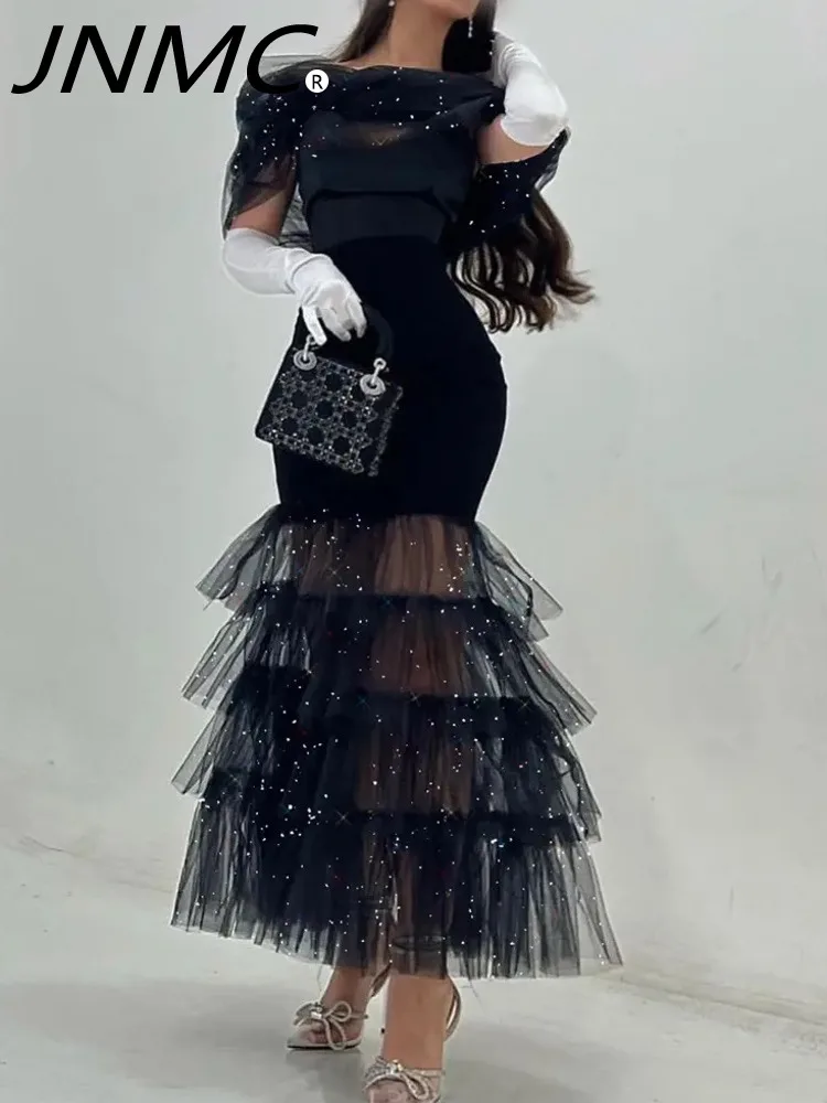 

JNMC Fashionable Design Black Hip Hugging Waist Cinching Mesh Sequin Temperament Dress For Women's 2024 Spring Summer New Item