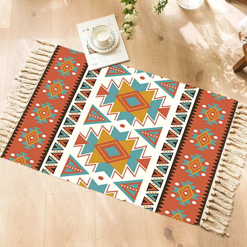 Bohemia Pattern Hand Knotted Tassel Carpet Throw Floor Mat Home Deocrative Rugs Woven Ethic Bedside Bedroom Living Room