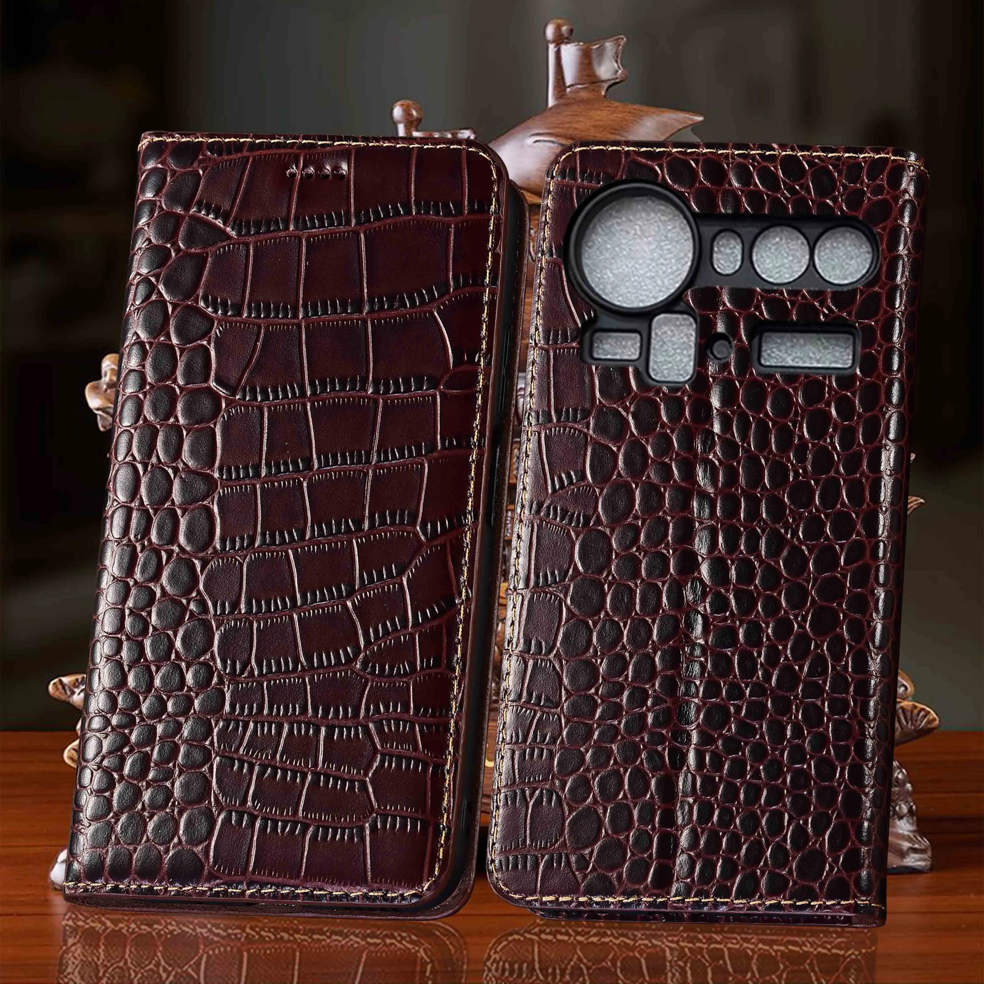 Genuine Leather Phone Case For ZTE Nubia Z60 Z60S Z70 Z70S Z80 Pro Ultra Crocodile Pattern Flip Wallet Cover Case Cowhide NoSlip