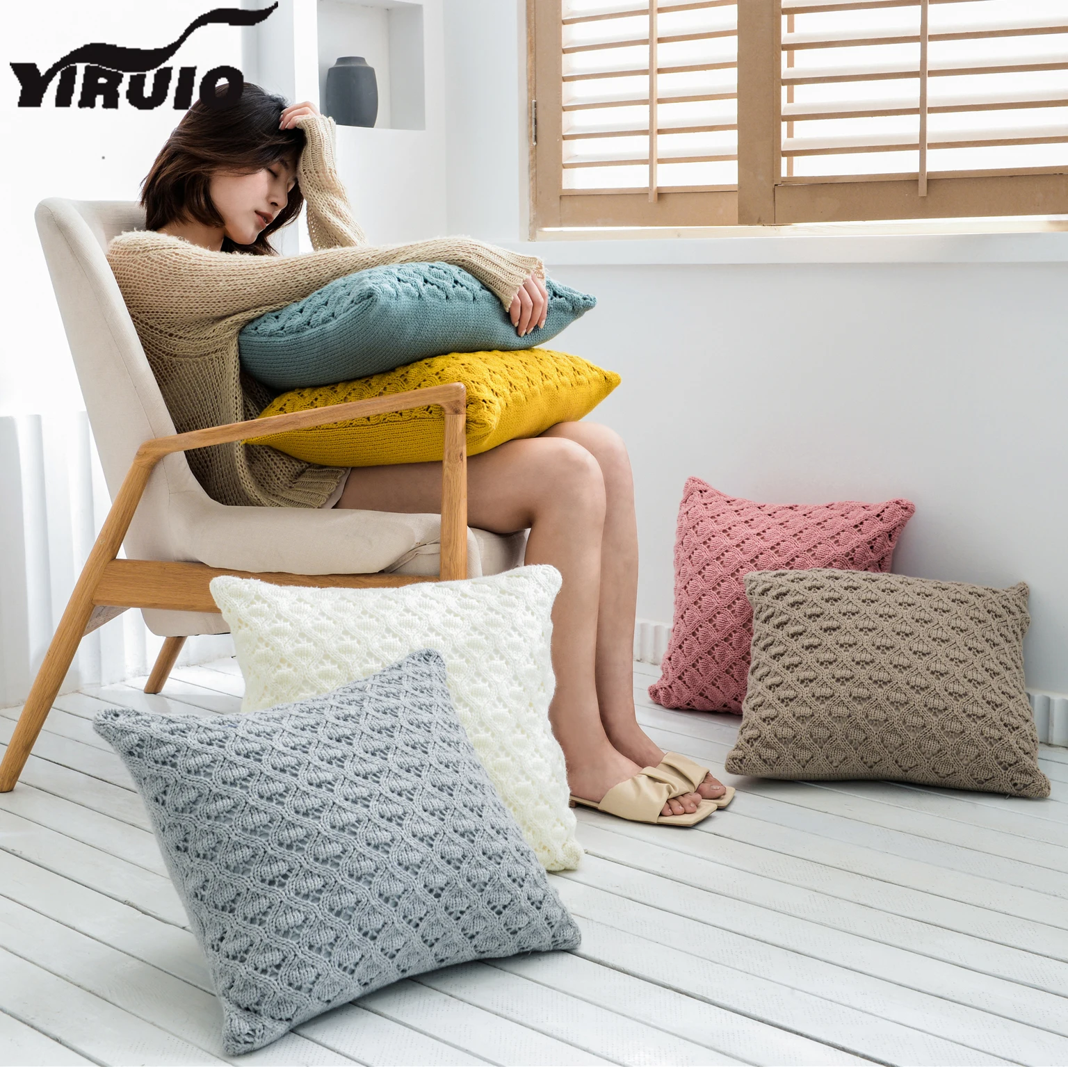 YIRUIO Hollow Out Love Heart Pillow Case Soft Breathable Acrylic Knitted Bed Sofa Chair Cushion Cover 45*45 White Pillow Cover