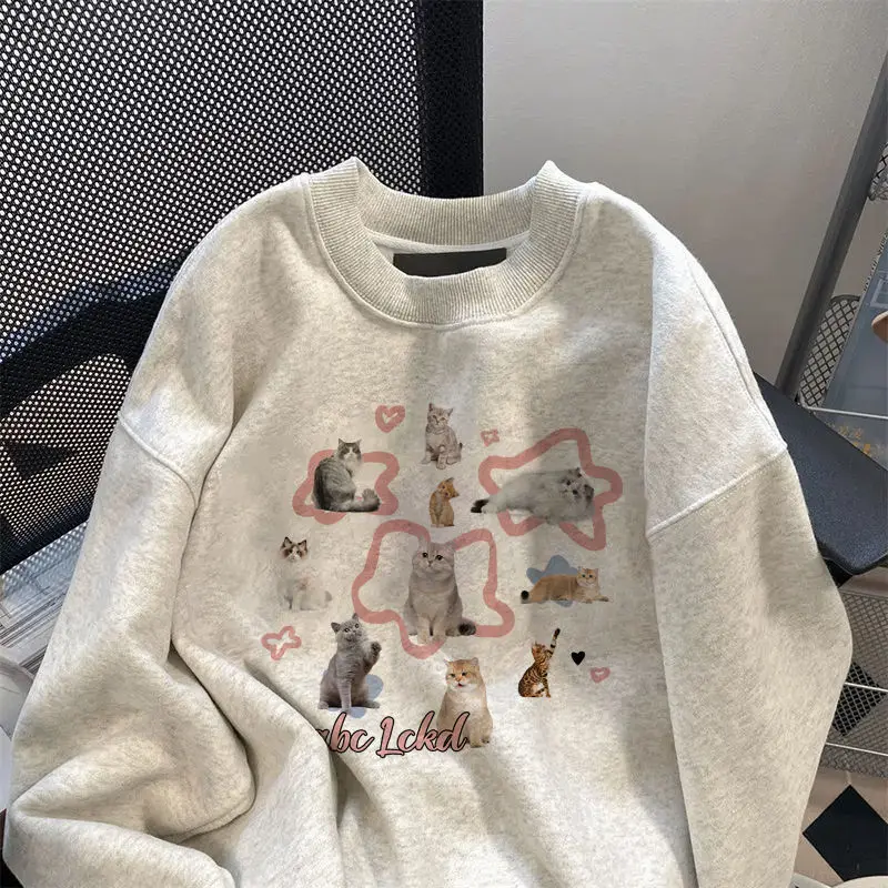 Kawaii Cute Cats Print Y2K Sweatshirt Thick Velvet Winter Autumn Clothes Harajuku Preppy Style Loose Casual Long Sleeve Pullover