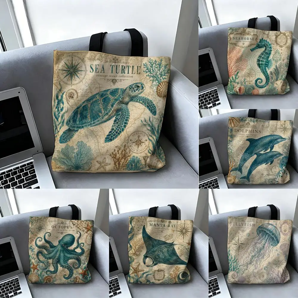 Vintage-style sea turtle and whale Print Storage Bags Large Capacity Canvas Bag for Female Students Tote Mommy Bag