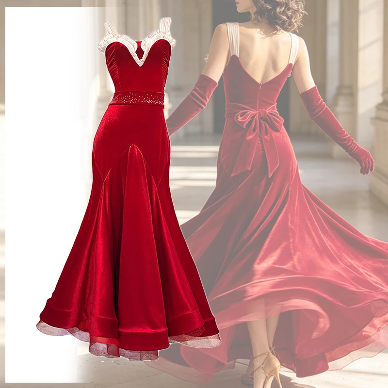 

Modern Dancing Dress Women Velvet Red Long Dresses Waltz Ballroom Dance Performance Dress Adult Standard Dance Stage Wear 5542
