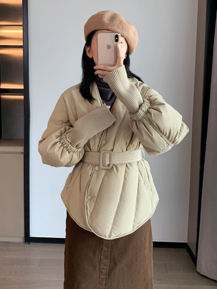 Design 90% White Duck Down Jacket Women Winter Solid Sashes Puffer Coat Short Female Sweet Office Parkas With Belt